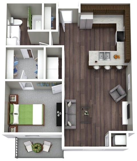 Floor plan for 1 bed, 1 bath, 952 sqft